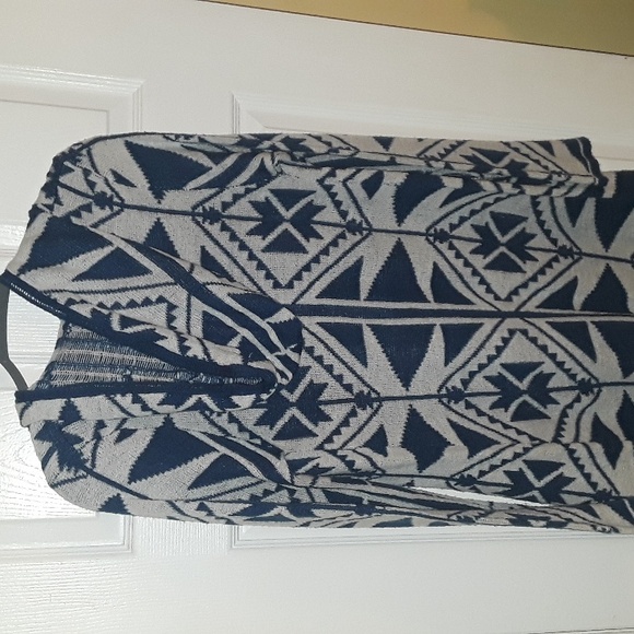 Boho Chic Tribal print Hooded Sweater Duster length blue white - Picture 8 of 11